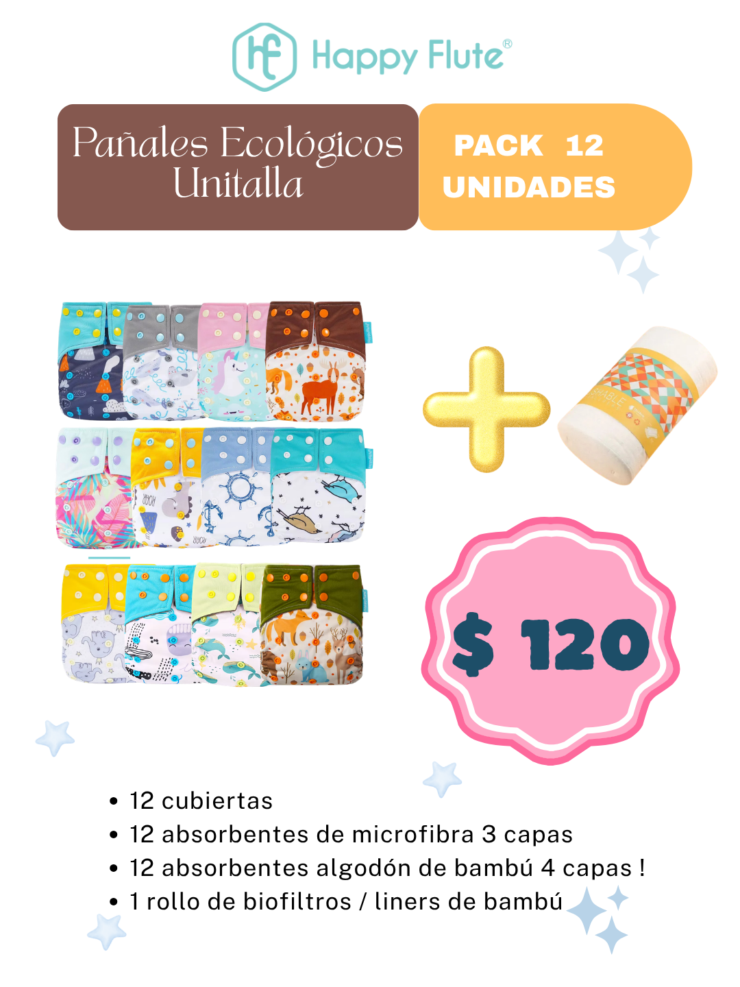 COMBO PAÑALES ECOLÓGICOS HAPPY FLUTE - PACK X 12