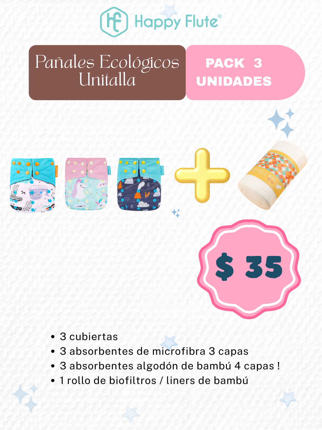 COMBO PAÑALES ECOLÓGICOS HAPPY FLUTE - PACK X 3